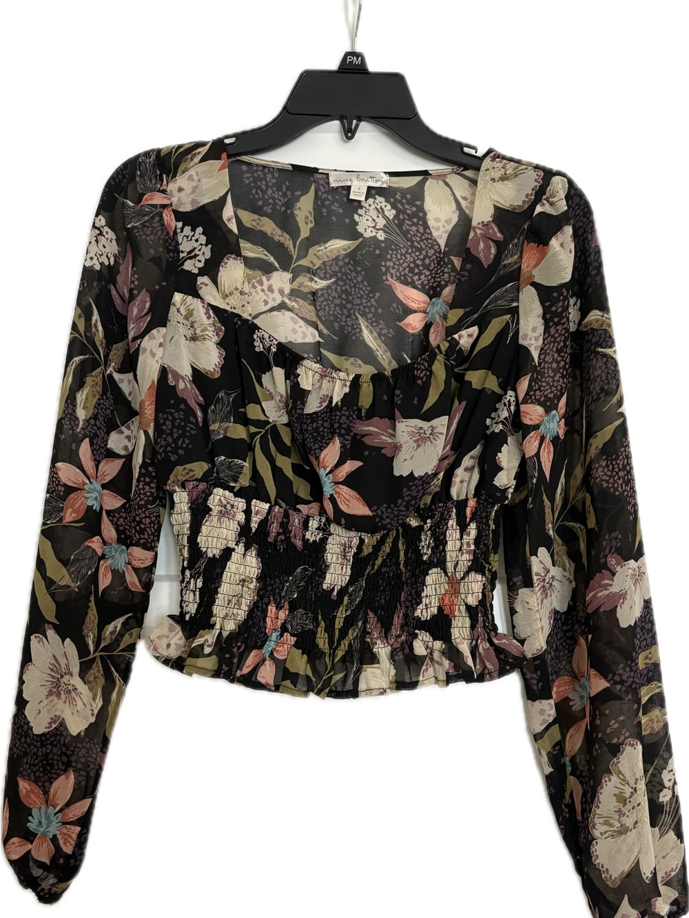 Nine Britton Black Floral Smocked-Waist Long Sleeve Blouse